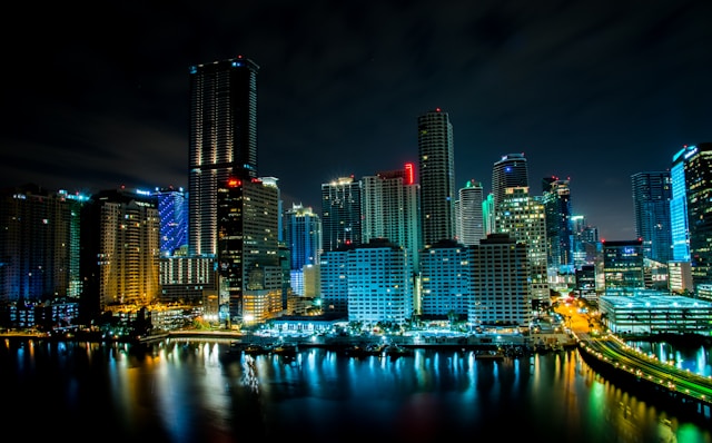 Miami, Florida skyline overlooking Biscayne Bay at night 