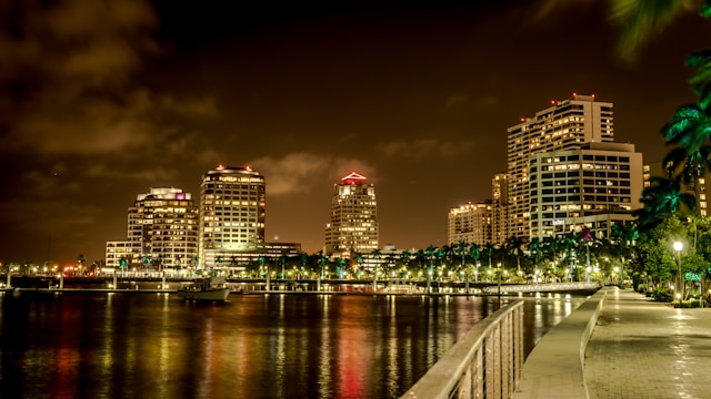 West Palm Beach skyline at night along the downtown waterfront